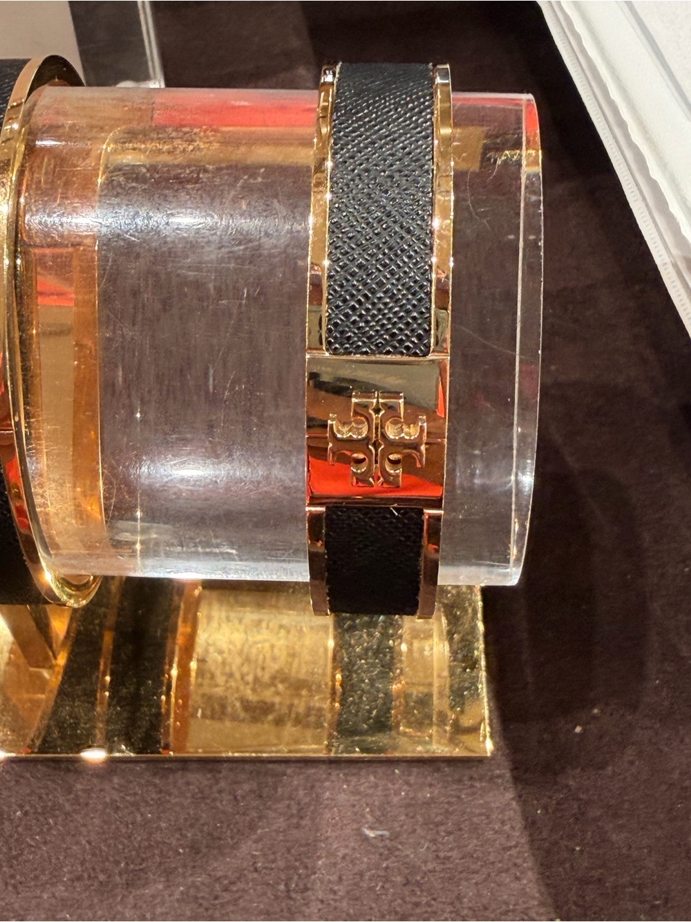 Tory Burch Black Leather & Gold Logo Cuff Bracelet wide band new